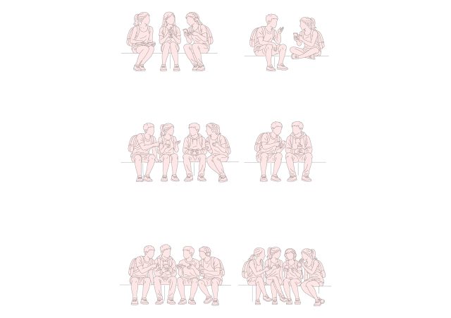 FREE Group of young people sitting on Summer-Spring day, front view, elevation DWG, DXF, PDF, PNG