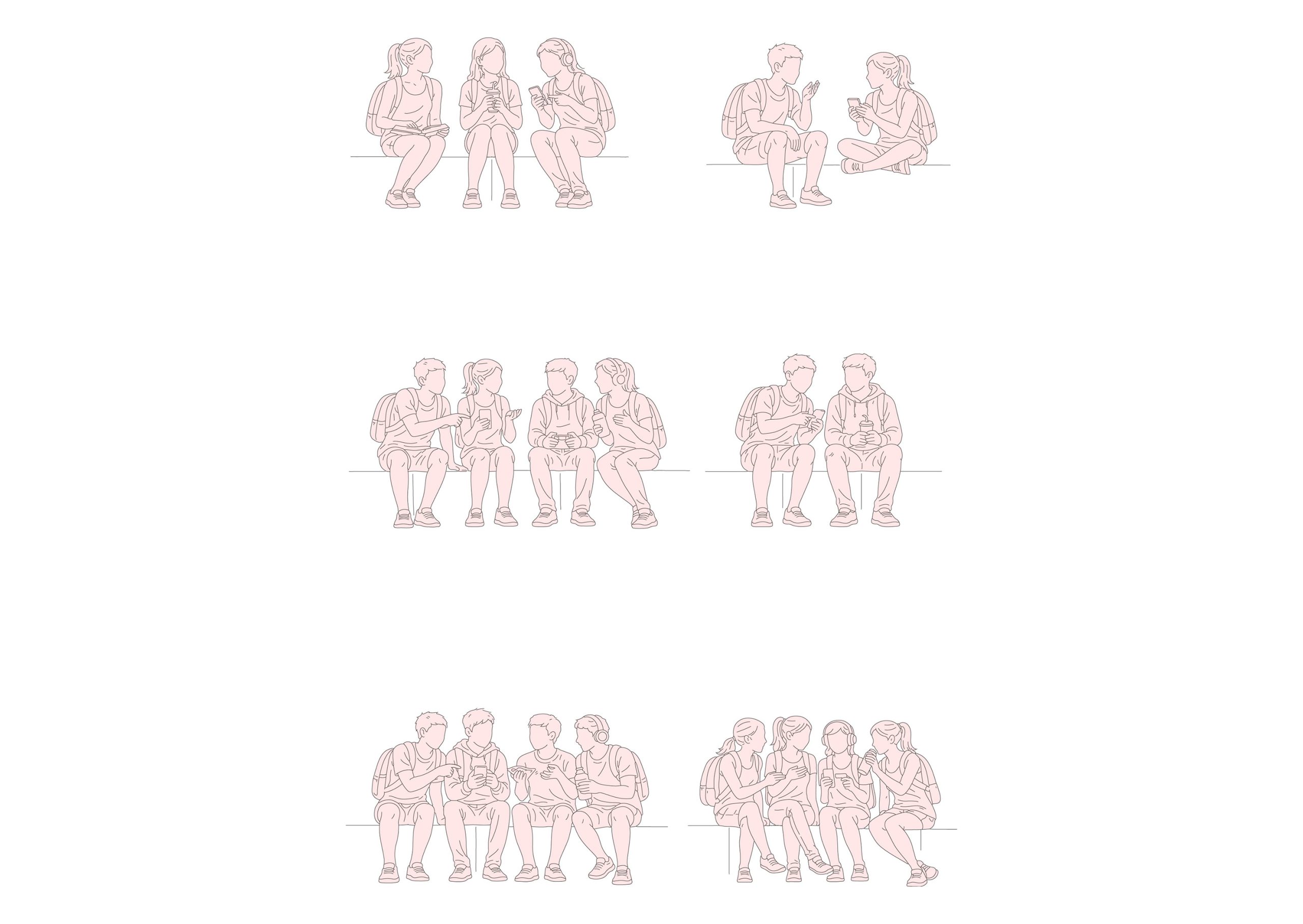 FREE Group of young people sitting on Summer-Spring day, front view, elevation DWG, DXF, PDF, PNG