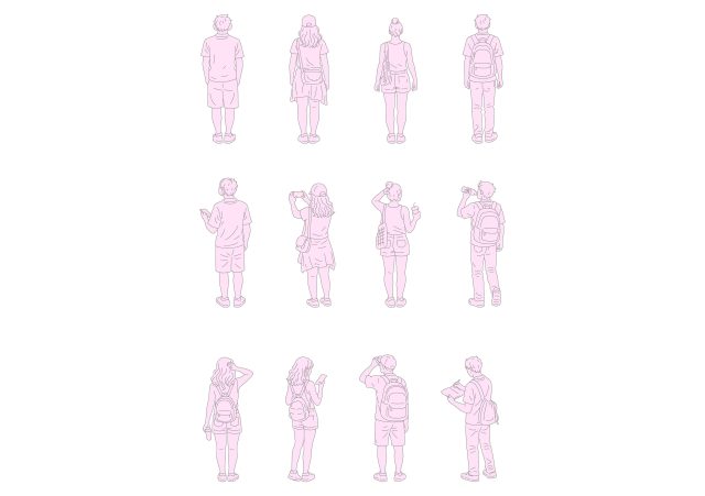 FREE Young people standing on Summer-Spring day CAD BLOCK, back view, elevation DWG, DXF, PDF, PNG