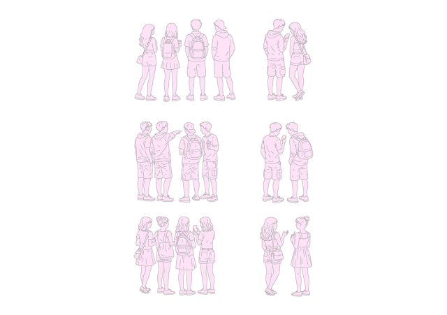FREE Group of young people standing on Summer-Spring day, back view, elevation DWG, DXF, PDF, PNG