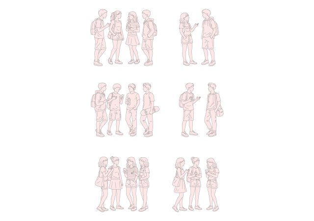 FREE Group of young people standing on Summer-Spring day CAD BLOCK, front view, elevation, DWG, DXF, PDF, PNG