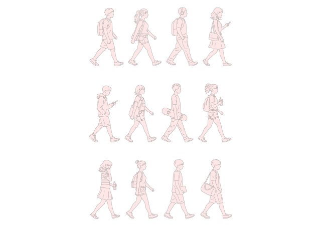 FREE Young people walking on Summer-Spring day CAD BLOCK, elevation DWG, DXF, PDF, PNG