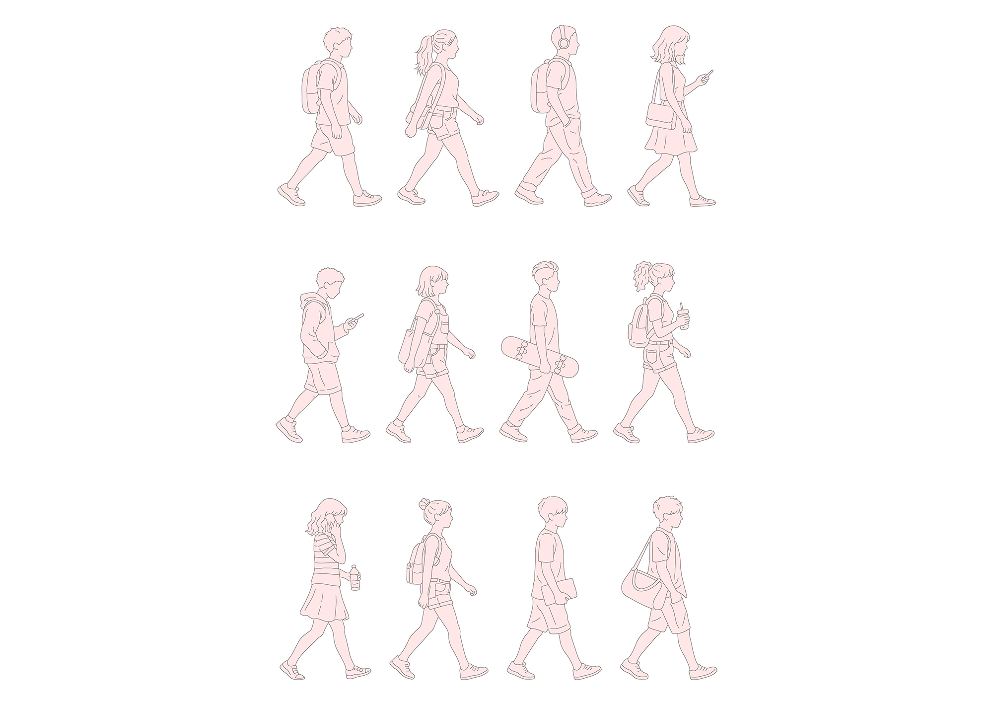 FREE Young people walking on Summer-Spring day CAD BLOCK, elevation DWG, DXF, PDF, PNG