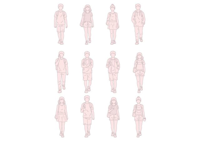 FREE Young people walking on Summer-Spring day CAD BLOCK, front view, elevation DWG, DXF, PDF, PNG