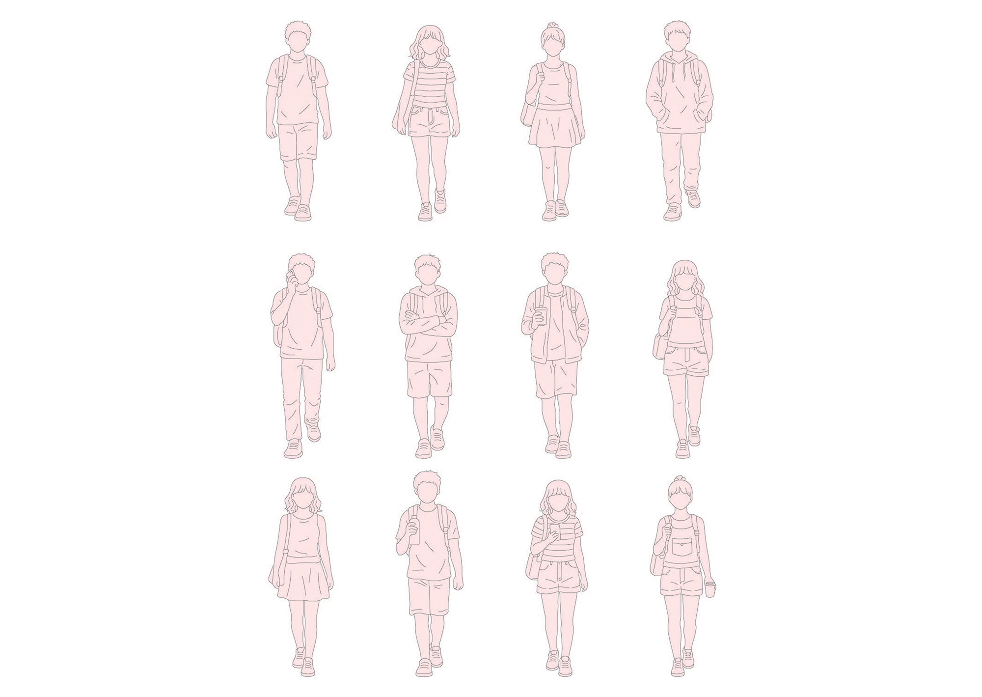 FREE Young people walking on Summer-Spring day CAD BLOCK, front view, elevation DWG, DXF, PDF, PNG