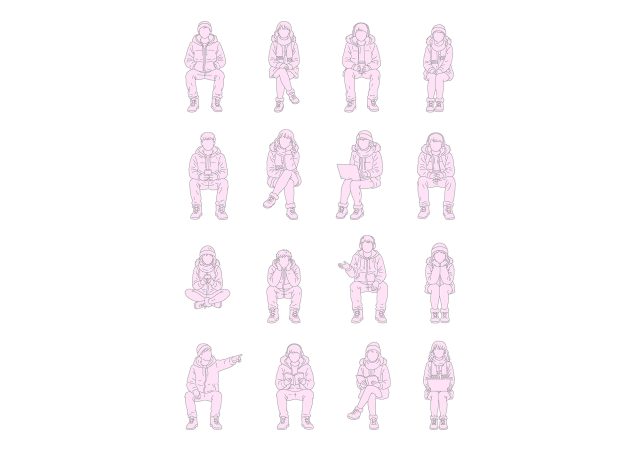 FREE Young people sitting on Winter-Autumn day, front view, elevation DWG, DXF, PDF, PNG