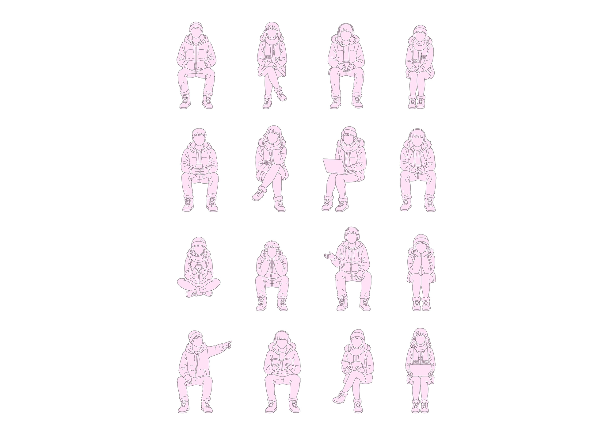 FREE Young people sitting on Winter-Autumn day, front view, elevation DWG, DXF, PDF, PNG