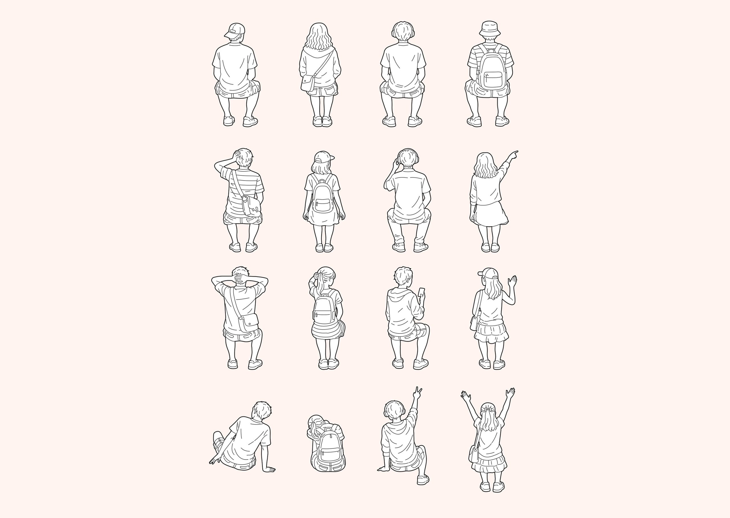 FREE Young people sitting on Summer-Spring day CAD BLOCK, back view, elevation DWG, DXF, PDF, PNG