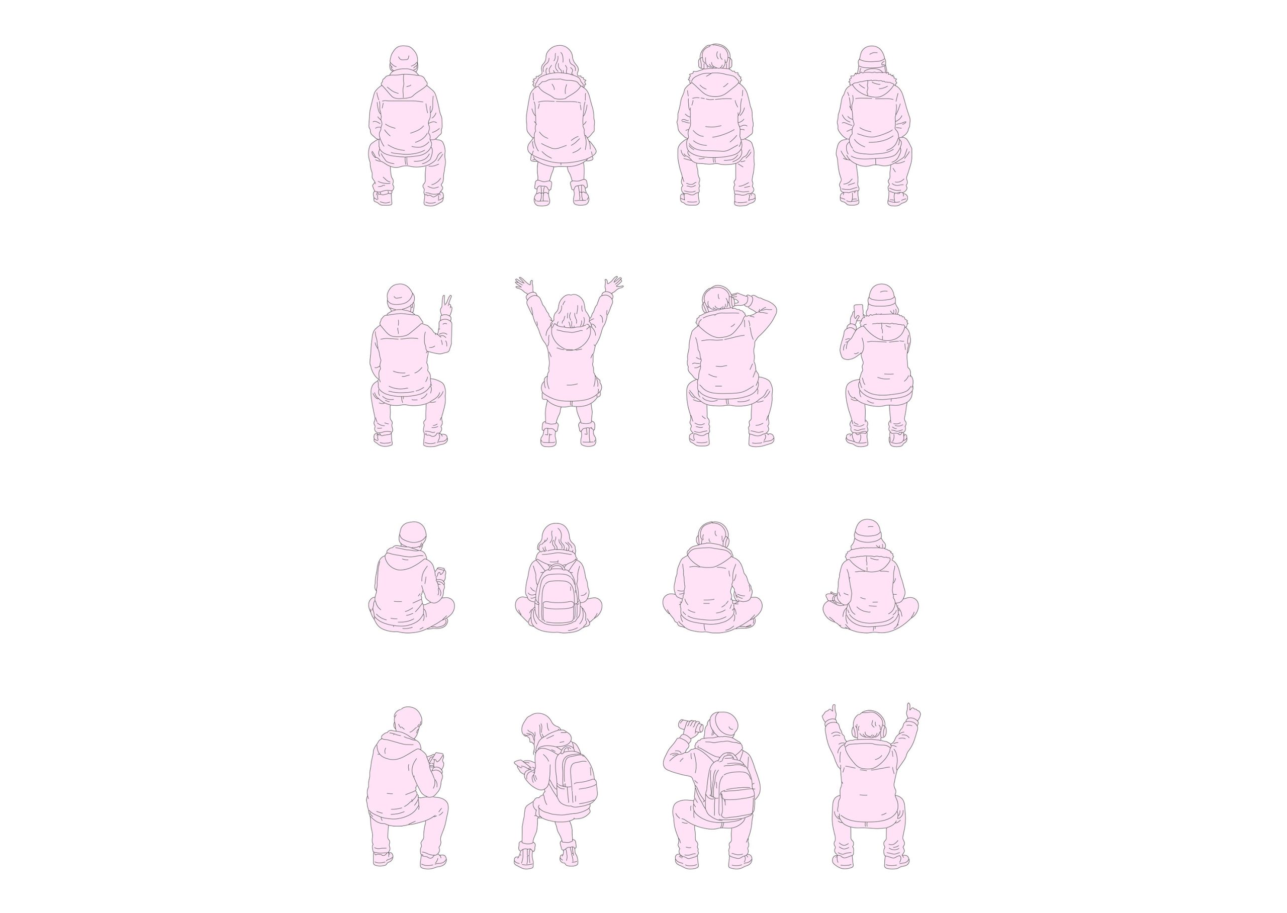 FREE Young people sitting on Winter-Autumn day, back view, elevation DWG, DXF, PDF, PNG