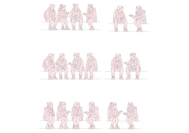 FREE Group of young people sitting on Winter-Autumn day CAD Block, front view, elevation DWG, DXF, PDF, PNG