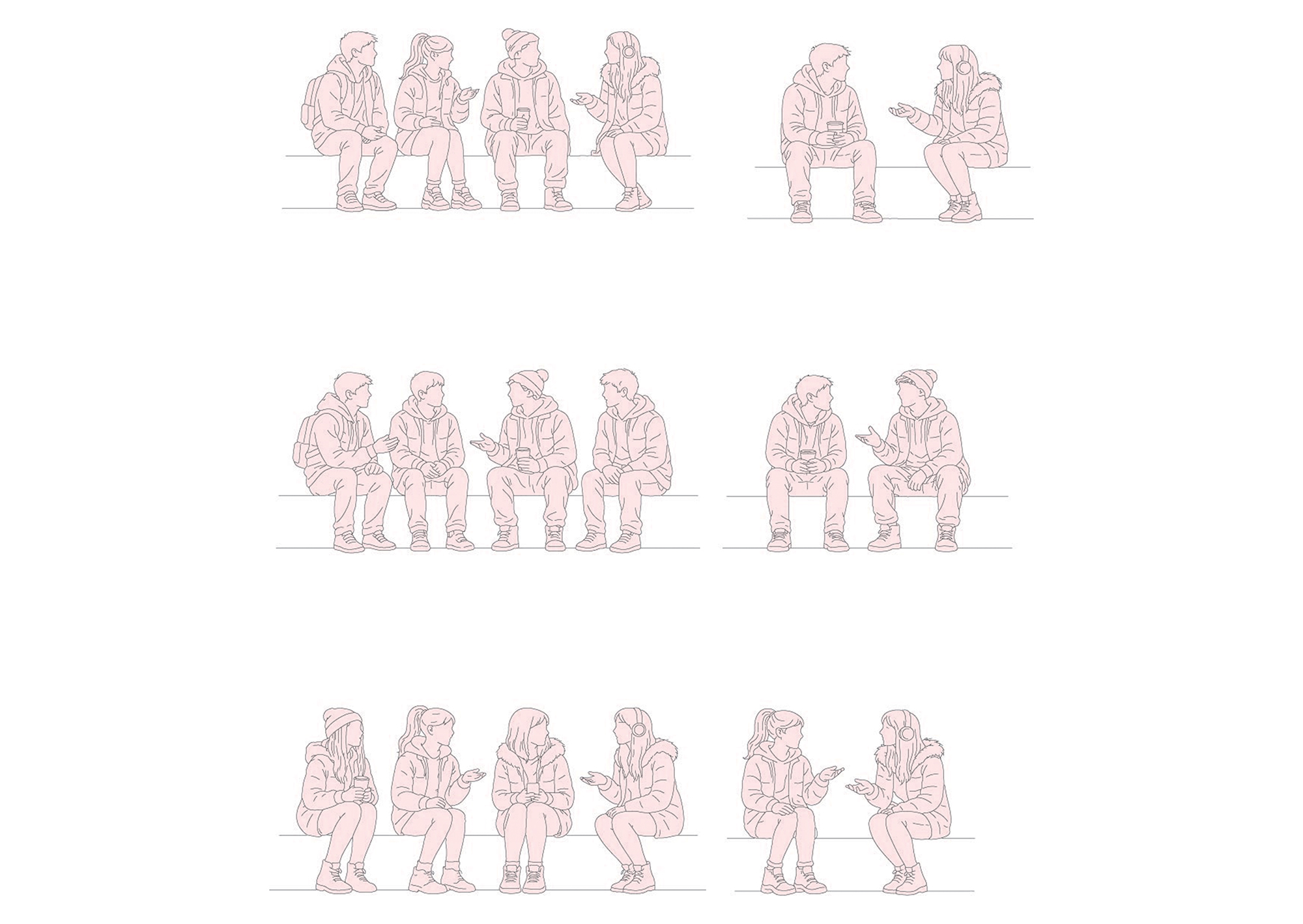 FREE Group of young people sitting on Winter-Autumn day CAD Block, front view, elevation DWG, DXF, PDF, PNG