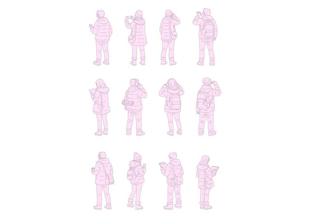 FREE Young people standing on Winter-Autumn day CAD BLOCK, back view, elevation DWG, DXF, PDF, PNG