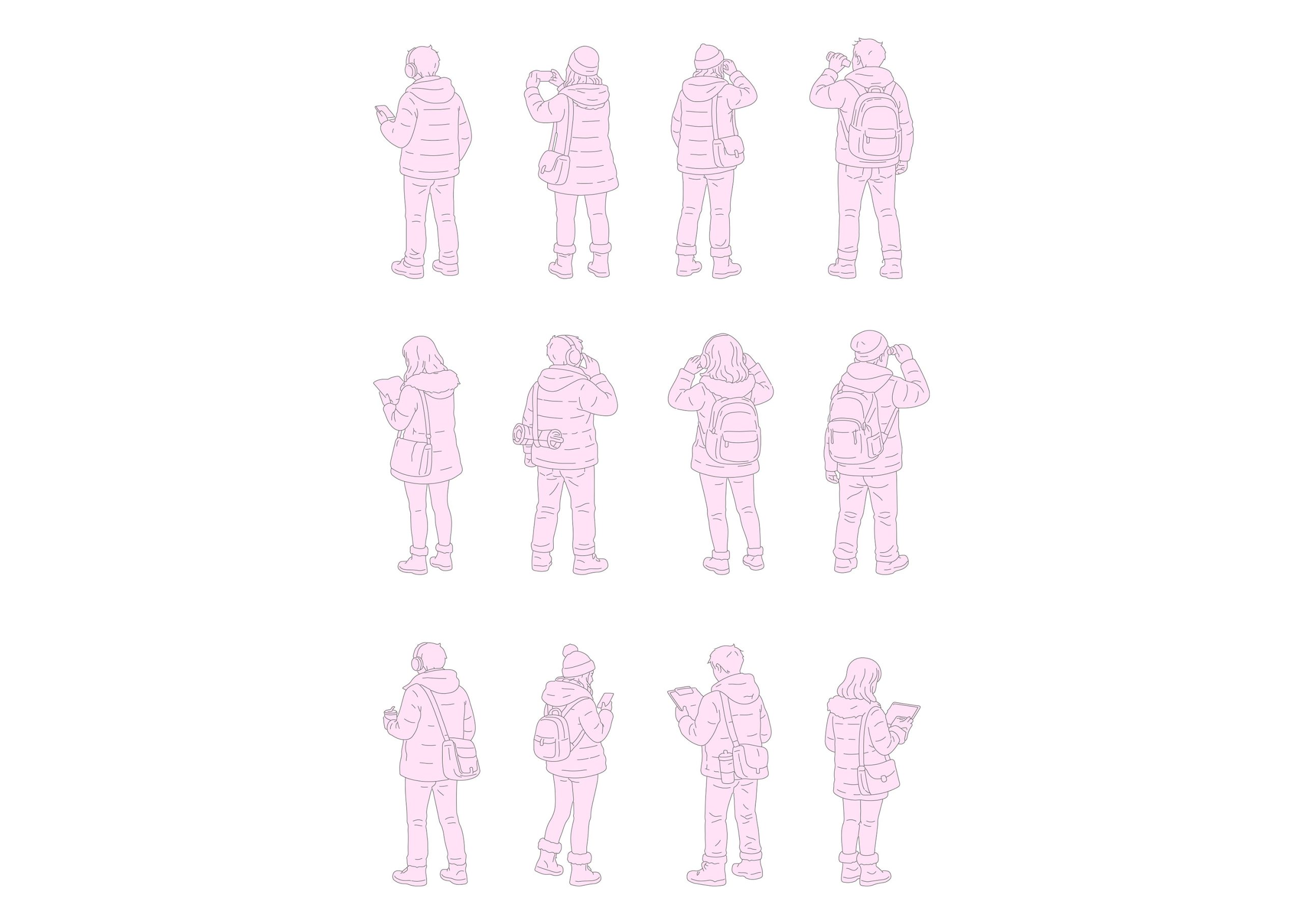 FREE Young people standing on Winter-Autumn day CAD BLOCK, back view, elevation DWG, DXF, PDF, PNG