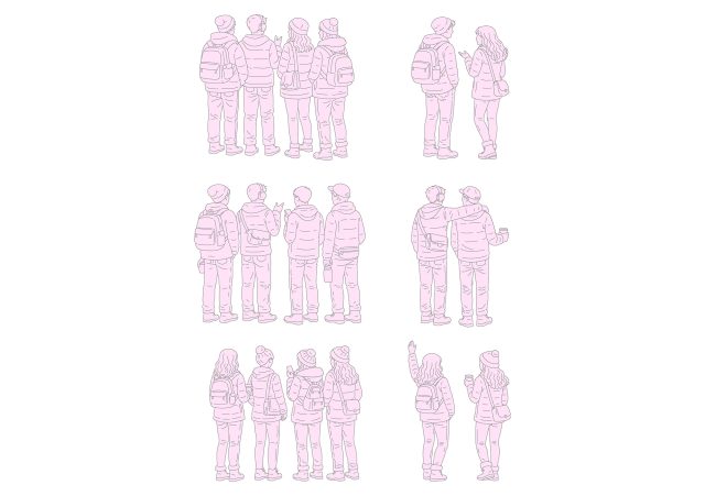 FREE Group of Young People standing on Winter-Autumn day, back view, elevation DWG, DXF, PDF, PNG