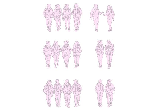 FREE Group of young people walking on Winter-Autumn day CAD BLOCK, front view, elevation, DWG, DXF, PDF, PNG