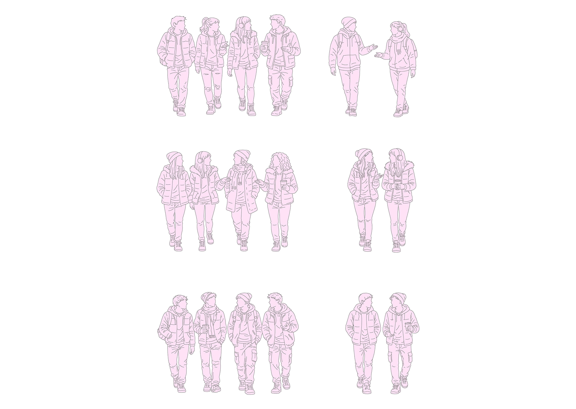 FREE Group of young people walking on Winter-Autumn day CAD BLOCK, front view, elevation, DWG, DXF, PDF, PNG