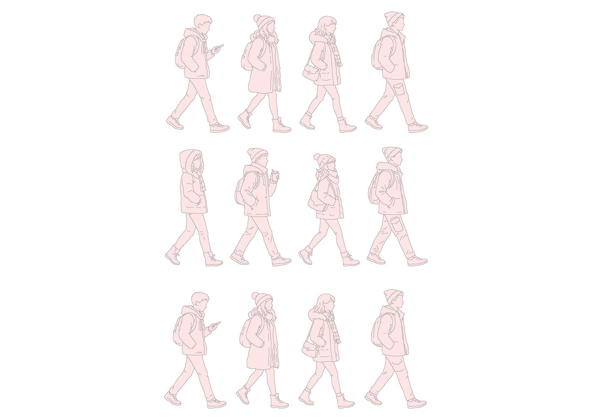 FREE Young people walking on Winter-Autumn day CAD BLOCK, elevation DWG, DXF, PDF, PNG
