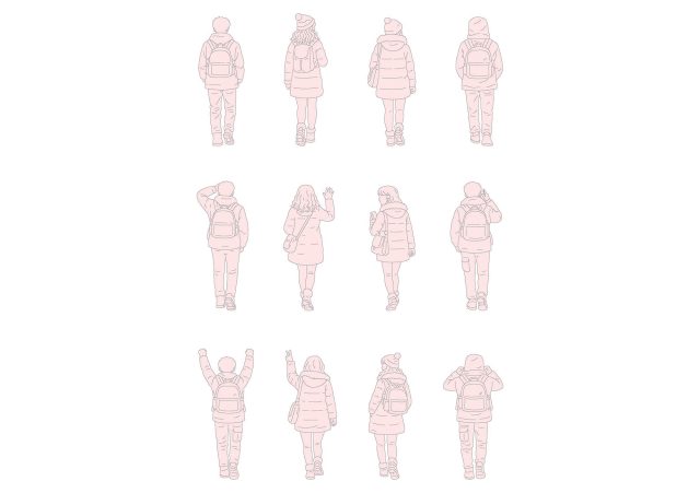 FREE Young people walking on Winter-Autumn day CAD BLOCK, back view elevation DWG, DXF, PDF, PNG