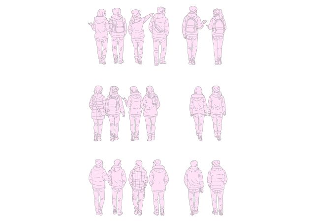 FREE Group of young people walking on Winter-Autumn day CAD BLOCK, back view, elevation, DWG, DXF, PDF, PNG