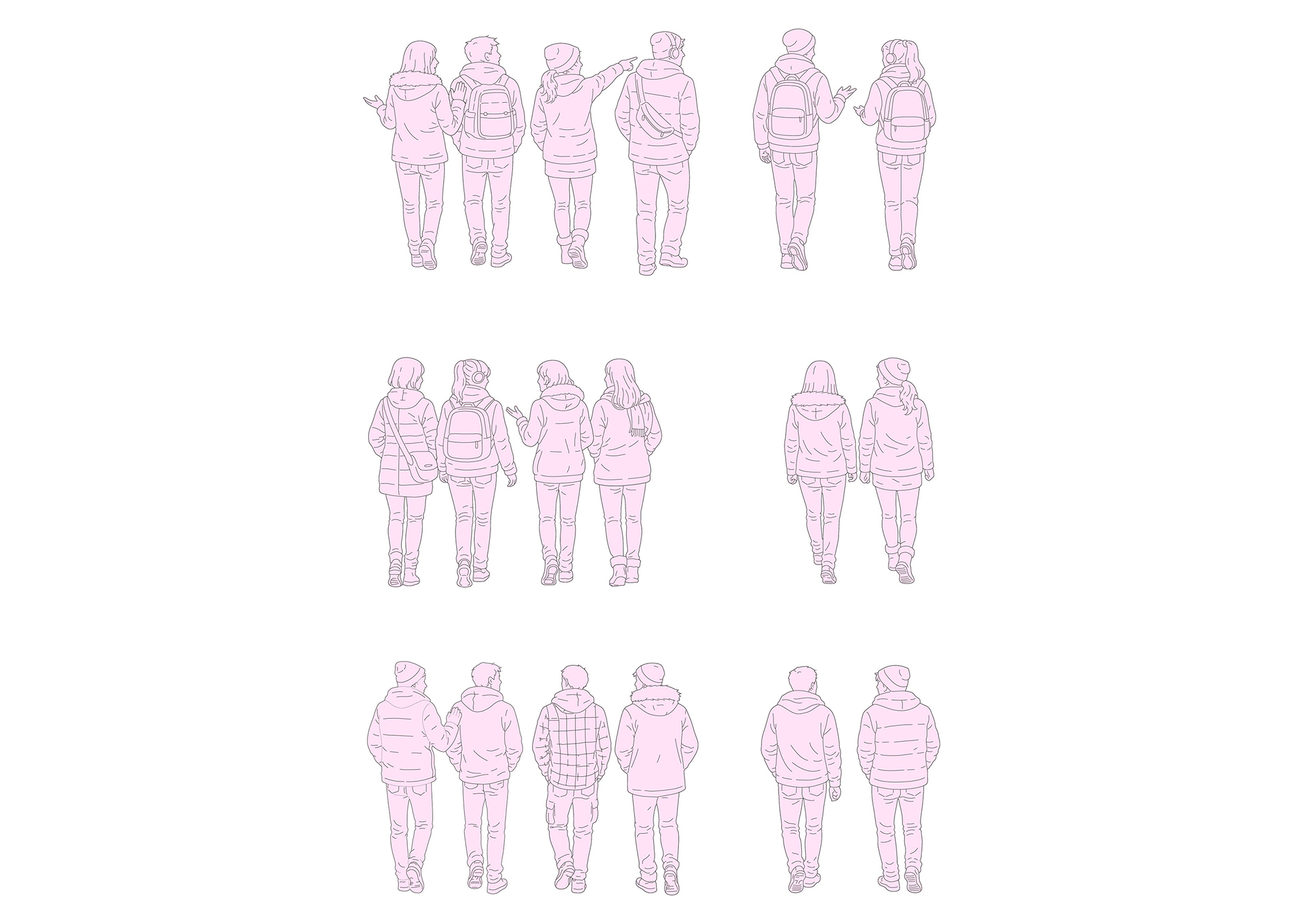 FREE Group of young people walking on Winter-Autumn day CAD BLOCK, back view, elevation, DWG, DXF, PDF, PNG