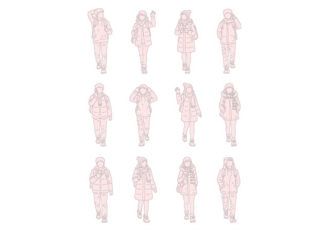 FREE Group of young people walking on Winter-Autumn day CAD Block, front view, elevation DWG, DXF, PDF, PNG