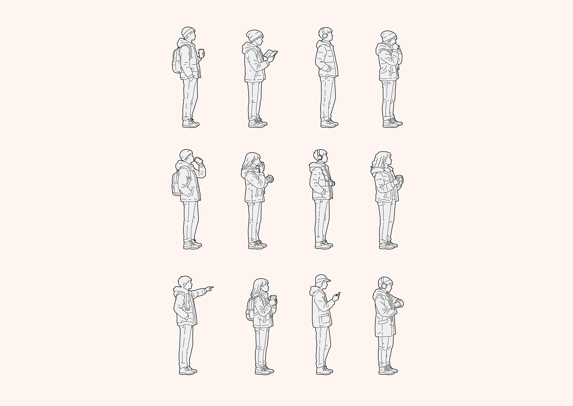 Free Young People standing on Winter-Autumn day, side view, elevation DWG, DXF, PDF, PNG