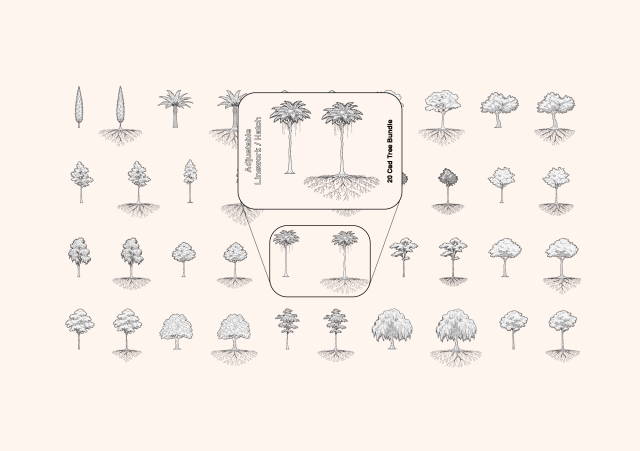 Free Architectural Tree CAD Bundle – Elevation Linework Trees with Roots (DWG + PDF)