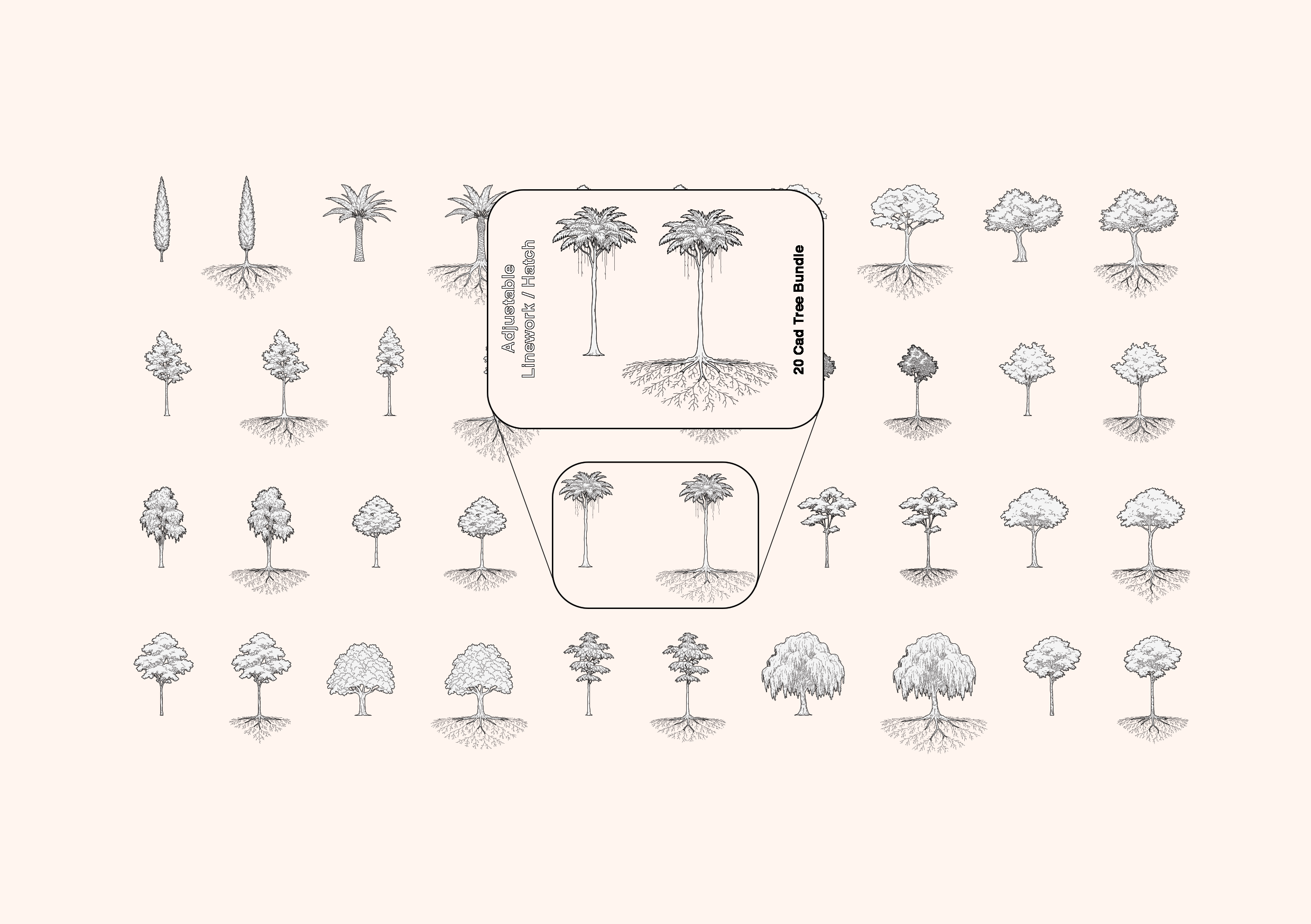 Free Architectural Tree CAD Bundle – Elevation Linework Trees with Roots (DWG + PDF)